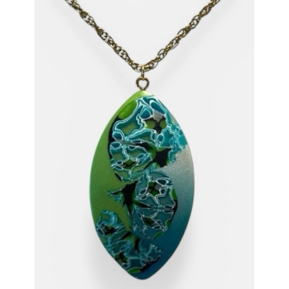 Handmade Blue & Green Abstract Floral Polymer Clay Large Pendant Necklace Chain